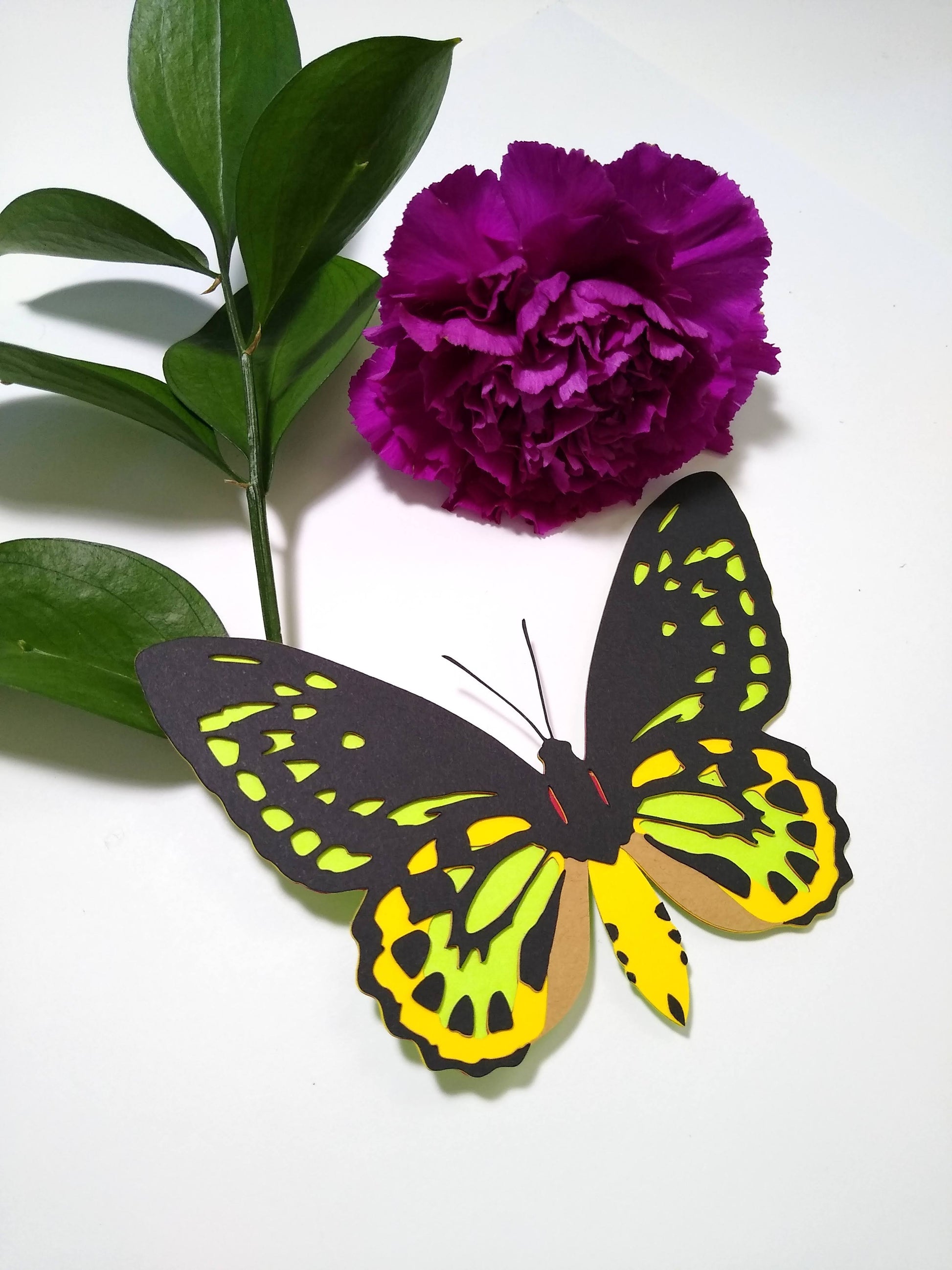 A multi-layered paper butterfly rests on a table. It is in the design of the back of a Cairns Birdwing butterfly. It rests below sprigs of leaves and two purple flowers.
