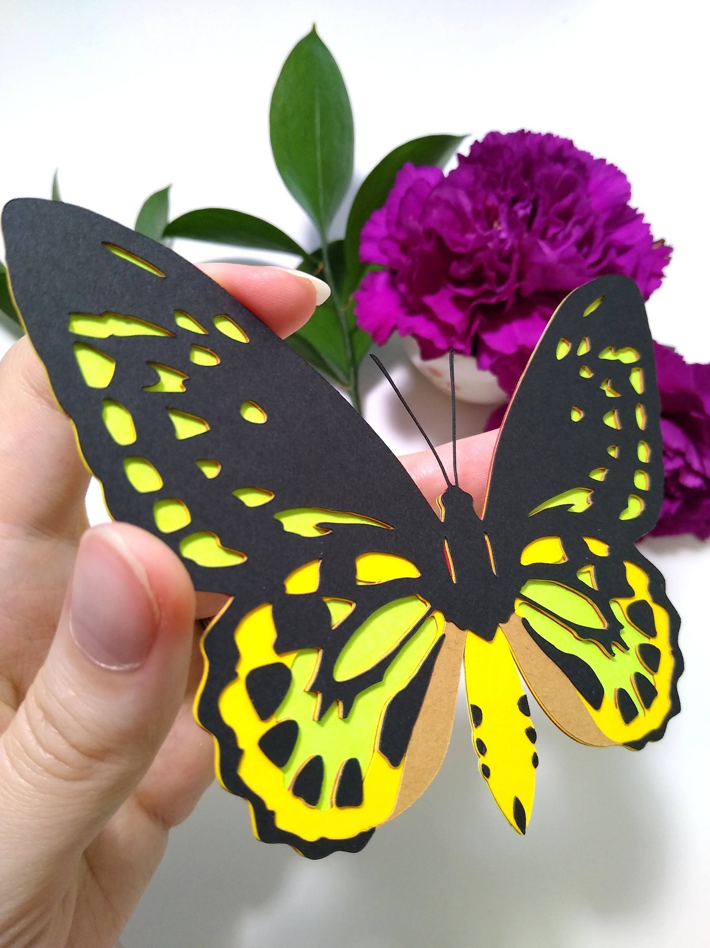 A hand holds a multi-layered paper butterfly to the camera, in the design of the back of a Cairns Birdwing butterfly. In the background are leaves and two purple flower.
