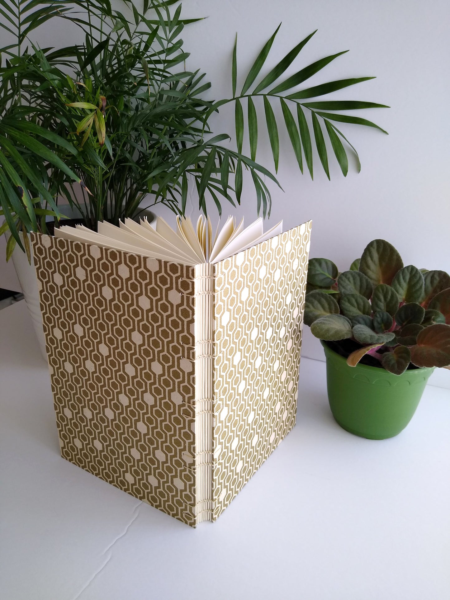 A handmade journal sits upright beside two potted plants. The cover of the journal is cream with gold hexagons. It faces the camera so the open spine is visible, stitched together with cream thread.