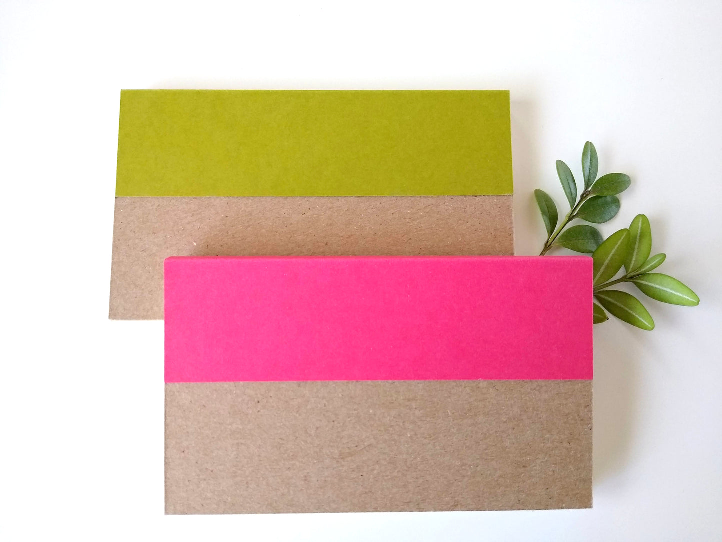 The back of the notepads shows how the colored covers are glued to the back cardboard. They rest on a white background with two sprigs of green leaves around them.